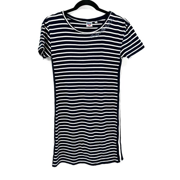 JUNK FOOD Navy Blue White Striped "Party In The USA" T-Shirt Mini Dress Size XS - Picture 1 of 6